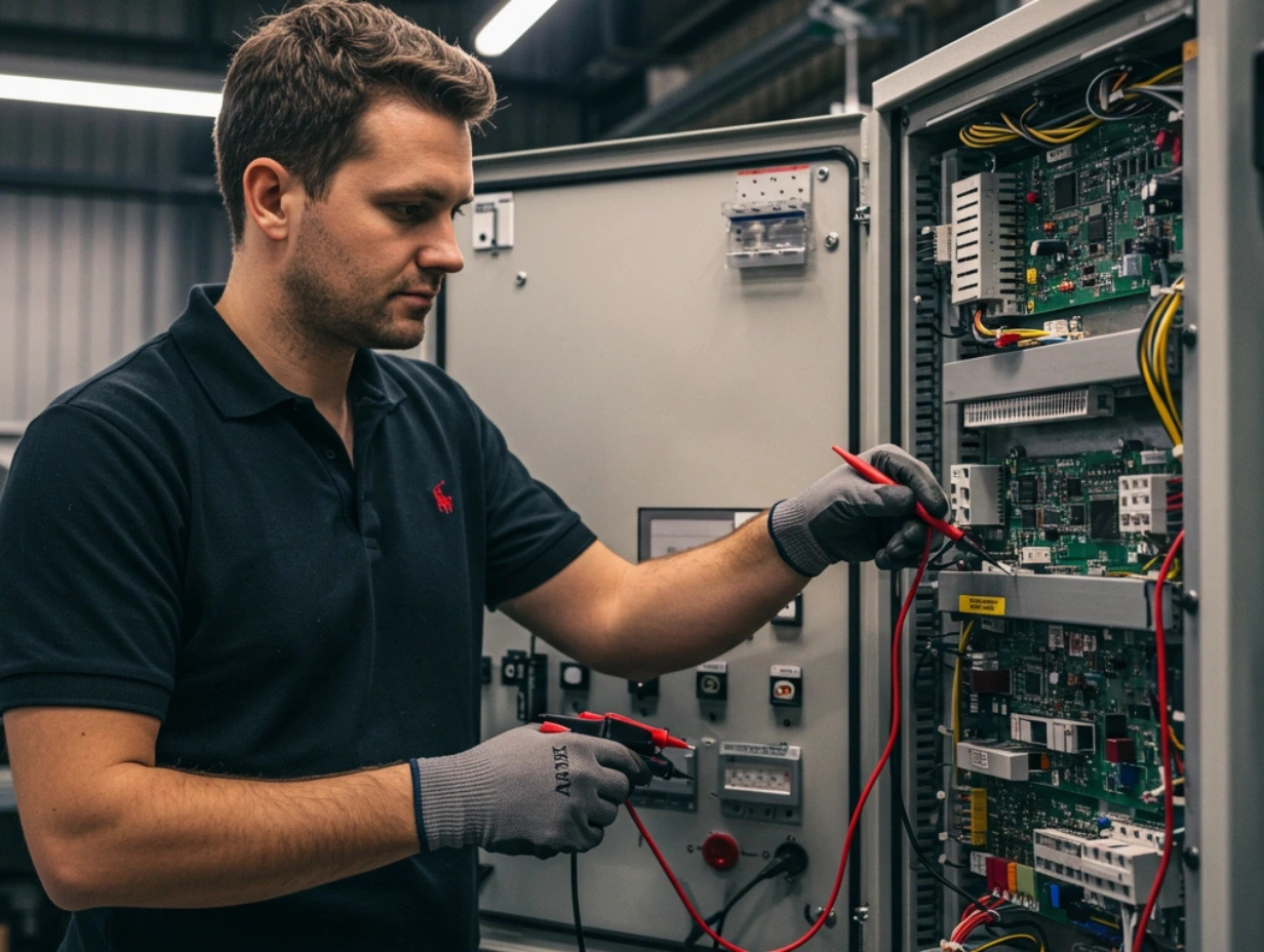Electrician working on a circuit board inside an electrical panel with multimeter in hand.
