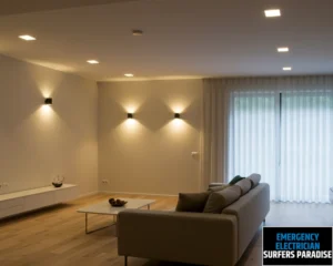 Modern living room with soft ambient lighting and a comfortable sofa.