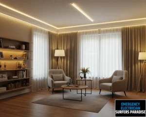 Cozy living room with contemporary furniture and large windows with natural light.