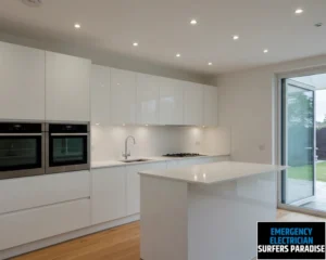 Bright and sleek kitchen with white cabinetry and recessed ceiling lights.